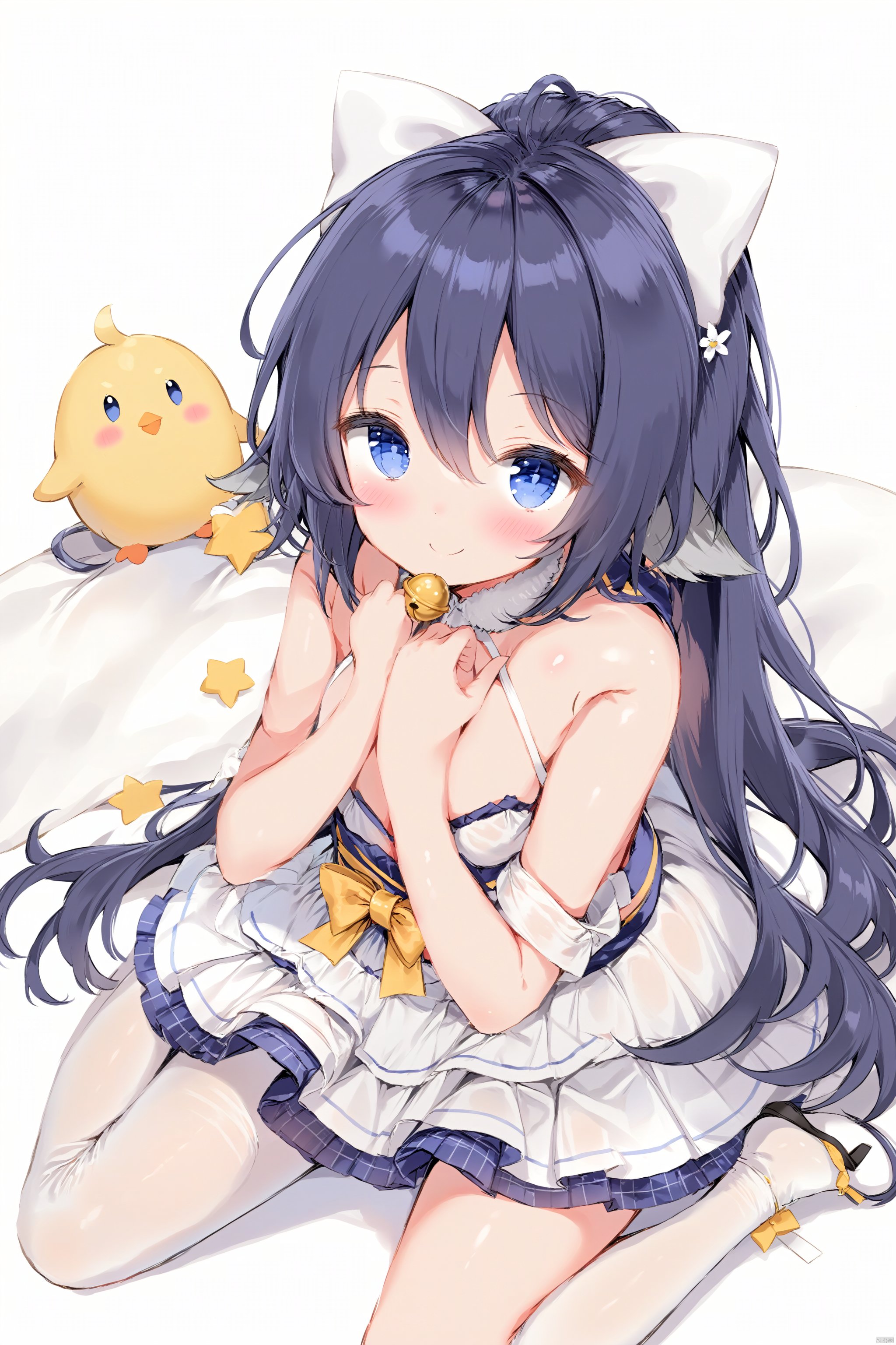 artist anmi2, (masterpiece),(best quality),(loli：1.2),(petite:1.2),1girl, solo,long hair,animal ears, ku, looking at viewer, blush, smile, bangs,simple background, hair ornament, white background, dress,hair between eyes, hair bow, blue eyes,black and blue hair, pantyhose, red ribbon, sash, bell, jingle bell, manjuu \(azur lane\),