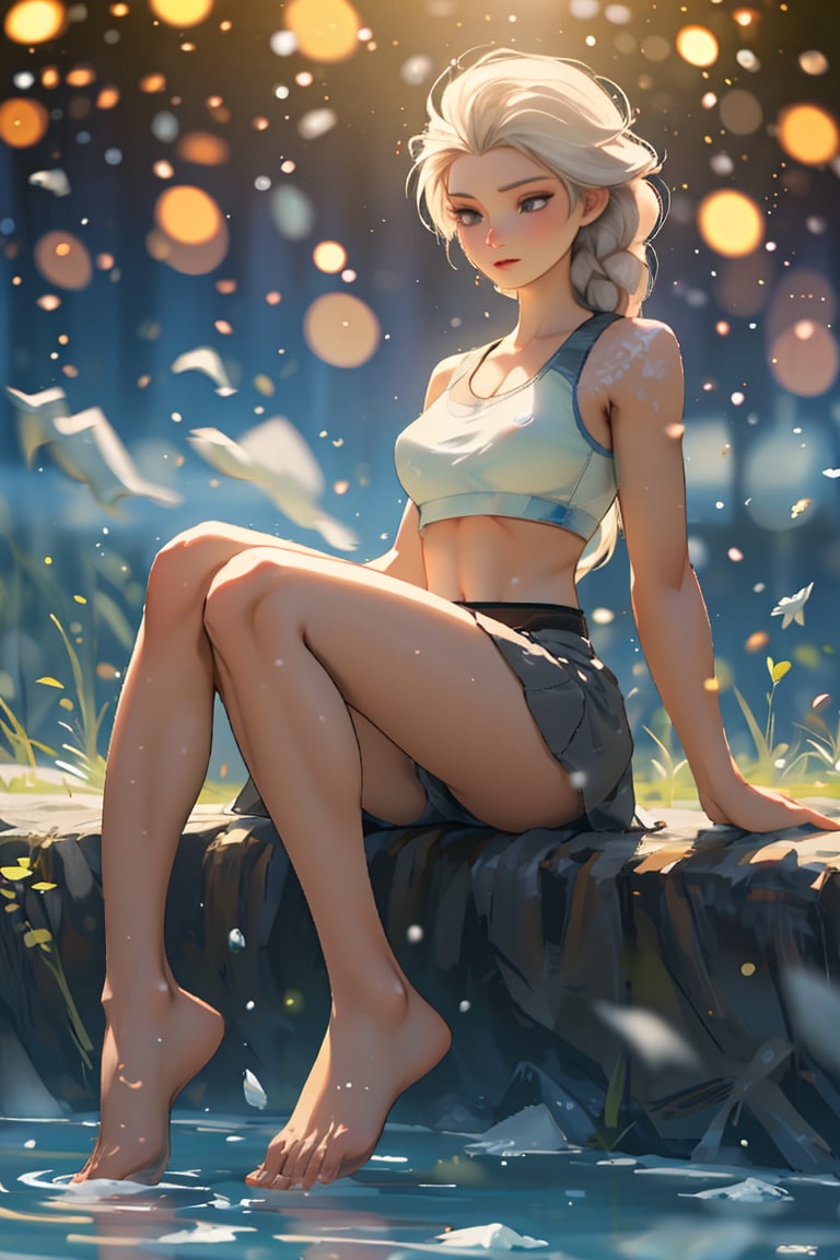 frozen elsa , (full body , short skirt, sports bra , sitting:1.2), wide hips , (wildlife nature , bokeh:1.2) , abstract clouds, bare_feet , bare_legs,glowingdust