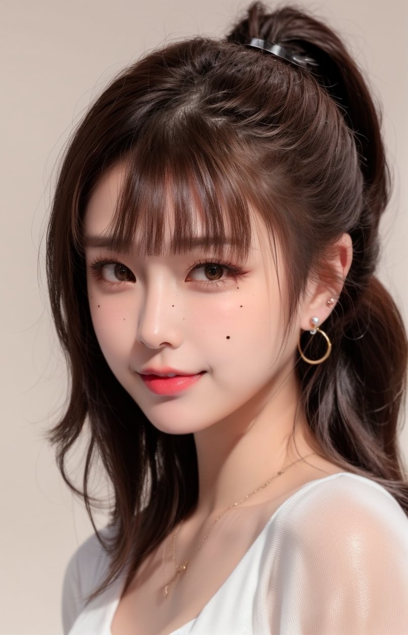 1girl, solo, looking at viewer, smile, blunt bangs, brown hair, simple background, brown eyes, jewelry, upper body, ponytail, earrings, brown eyes, realistic, necklace, lips, nose, closed mouth, mole under eye, ,QQQ3