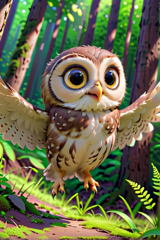 little owl, cute, adorable, fluffy fur, (flying), flying, forest. big head and eyes, small body, realistic, ultra detail, natural, detailed face, real light and shadow, 3D cartoon, Disney Pixar style. 