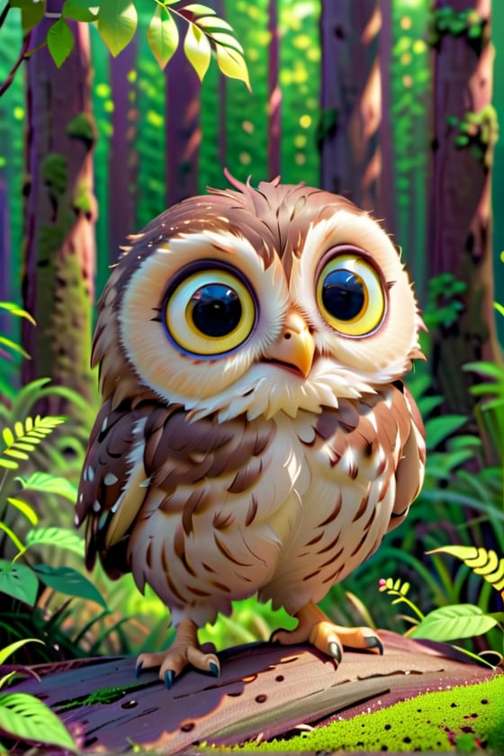 little owl, cute, adorable, fluffy fur, dance, forest. big head and eyes, small body, realistic, ultra detail, natural, detailed face, real light and shadow, 3D cartoon, Disney Pixar style. 