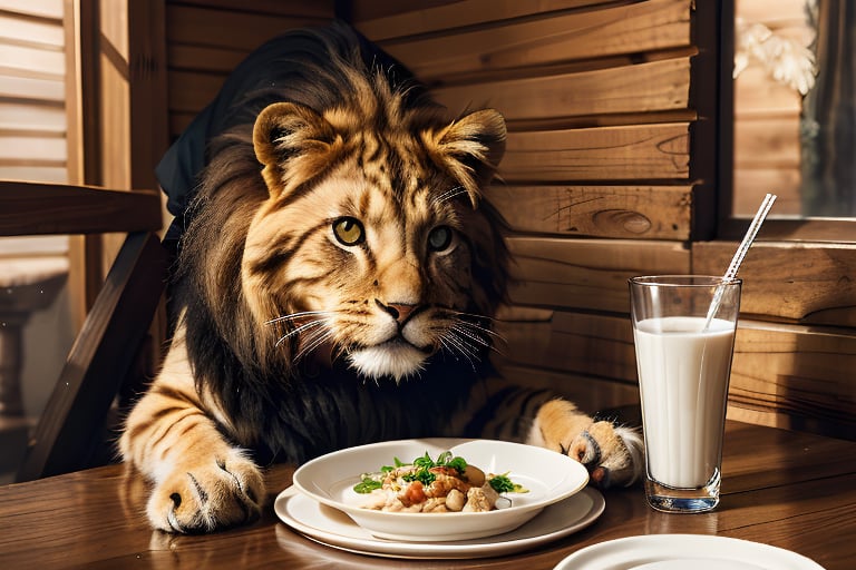 A kitten with the mane of a lion drinks milk from a plate of food indoors