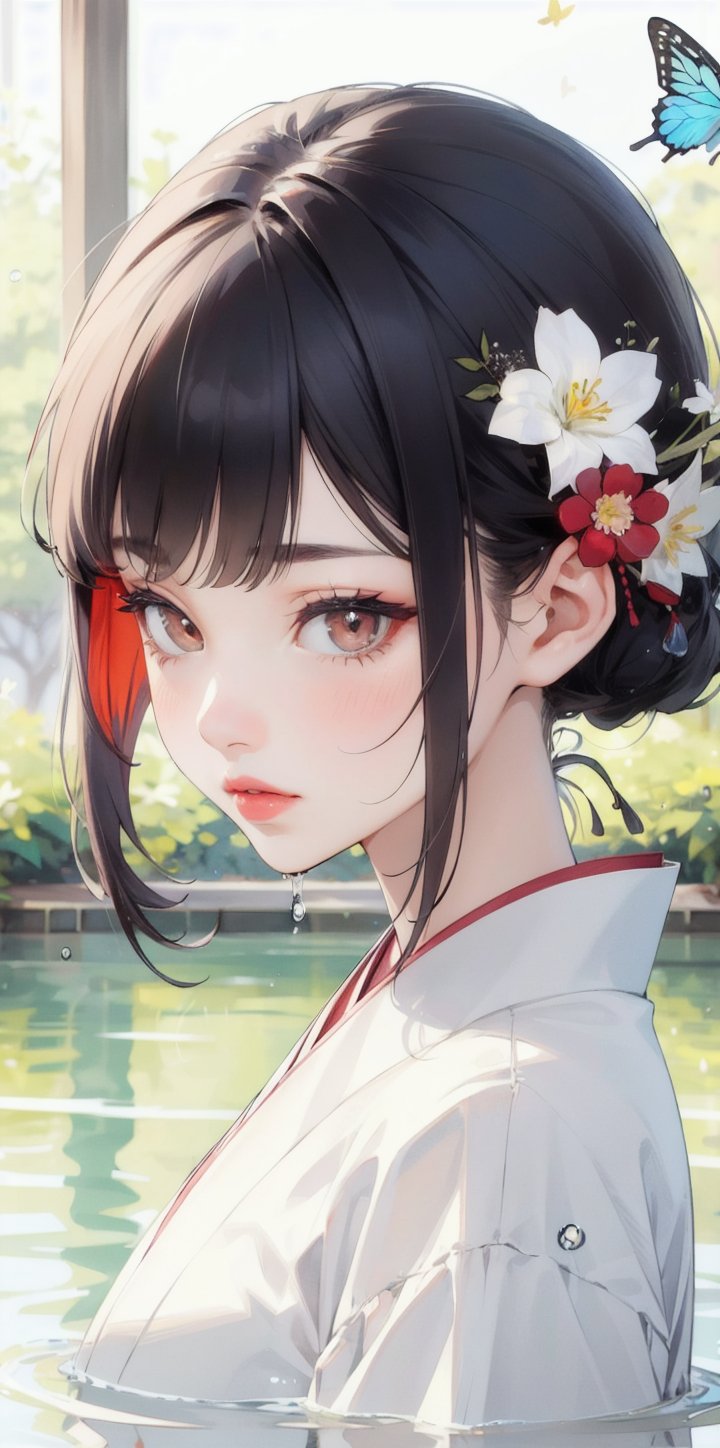 1girl, solo, half body, face directly, black hair, hair ornament, closed mouth, flower, japanese clothes, hair flower, kimono, blurry, lips, eyelashes, depth of field, bug, butterfly, portrait, blurry foreground, water drop, realistic, nose, red lips,1 girl,Young beauty spirit ,chinatsumura,Soojin