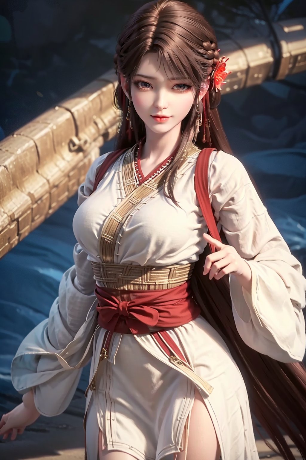 1girl, solo, brown hair, hair ornament, braid, long hair, wide sleeves, looking at viewer, brown eyes, jewelry, hair flower, long sleeves, sash, dress, mischevious smile, perfect body, scenery, sharp focus, best quality, masterpiece, detailed outfit, illustration, perfect eyes, finely detailed beautiful anime eyes, realistic skin, intricate details, best lighting, depth of field, ultra high resolution,cowboy_shot, dynamic pose, dynamic angle,