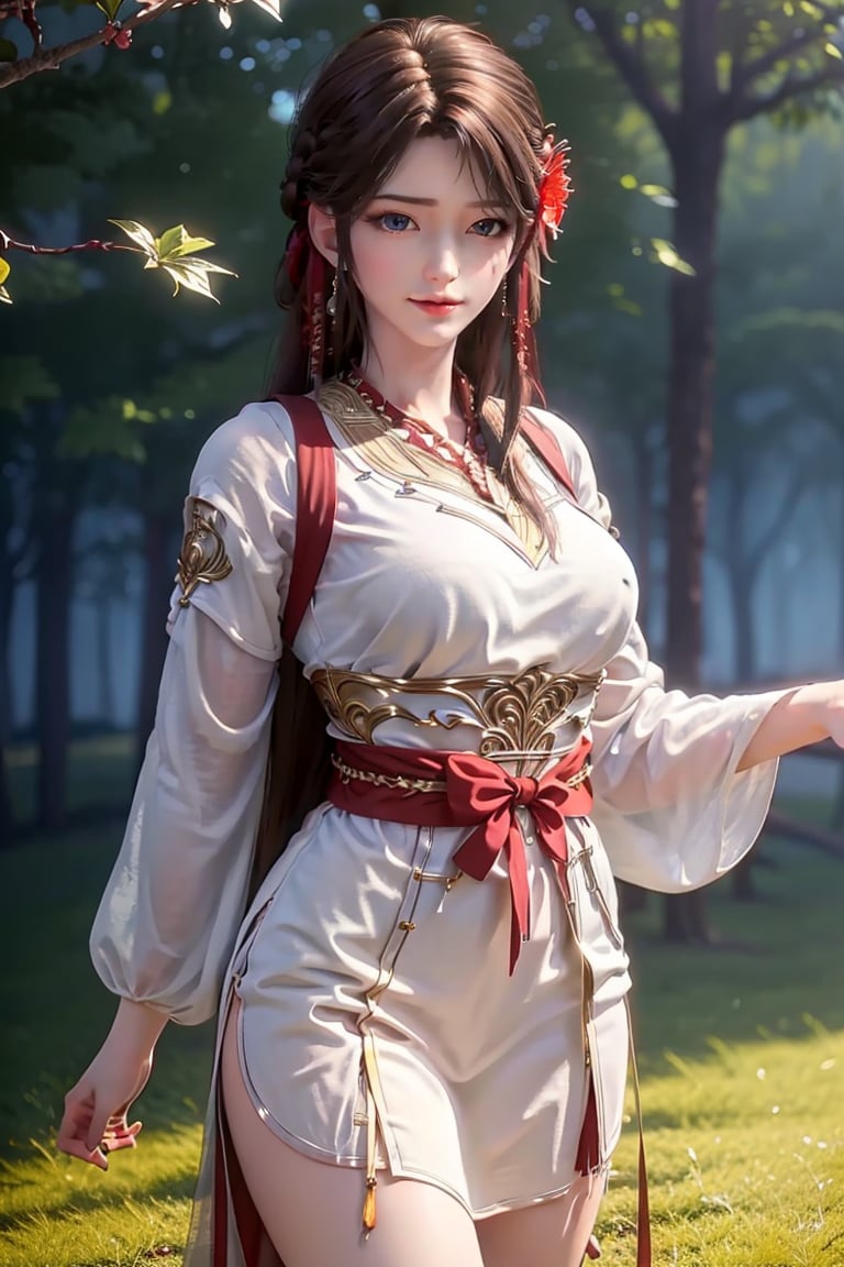 1girl, solo, brown hair, hair ornament, braid, long hair, wide sleeves, looking at viewer, brown eyes, jewelry, hair flower, long sleeves, sash, dress, mischevious smile, perfect body, scenery, sharp focus, best quality, masterpiece, detailed outfit, illustration, perfect eyes, finely detailed beautiful anime eyes, realistic skin, intricate details, best lighting, depth of field, ultra high resolution,cowboy_shot, dynamic pose, dynamic angle,
