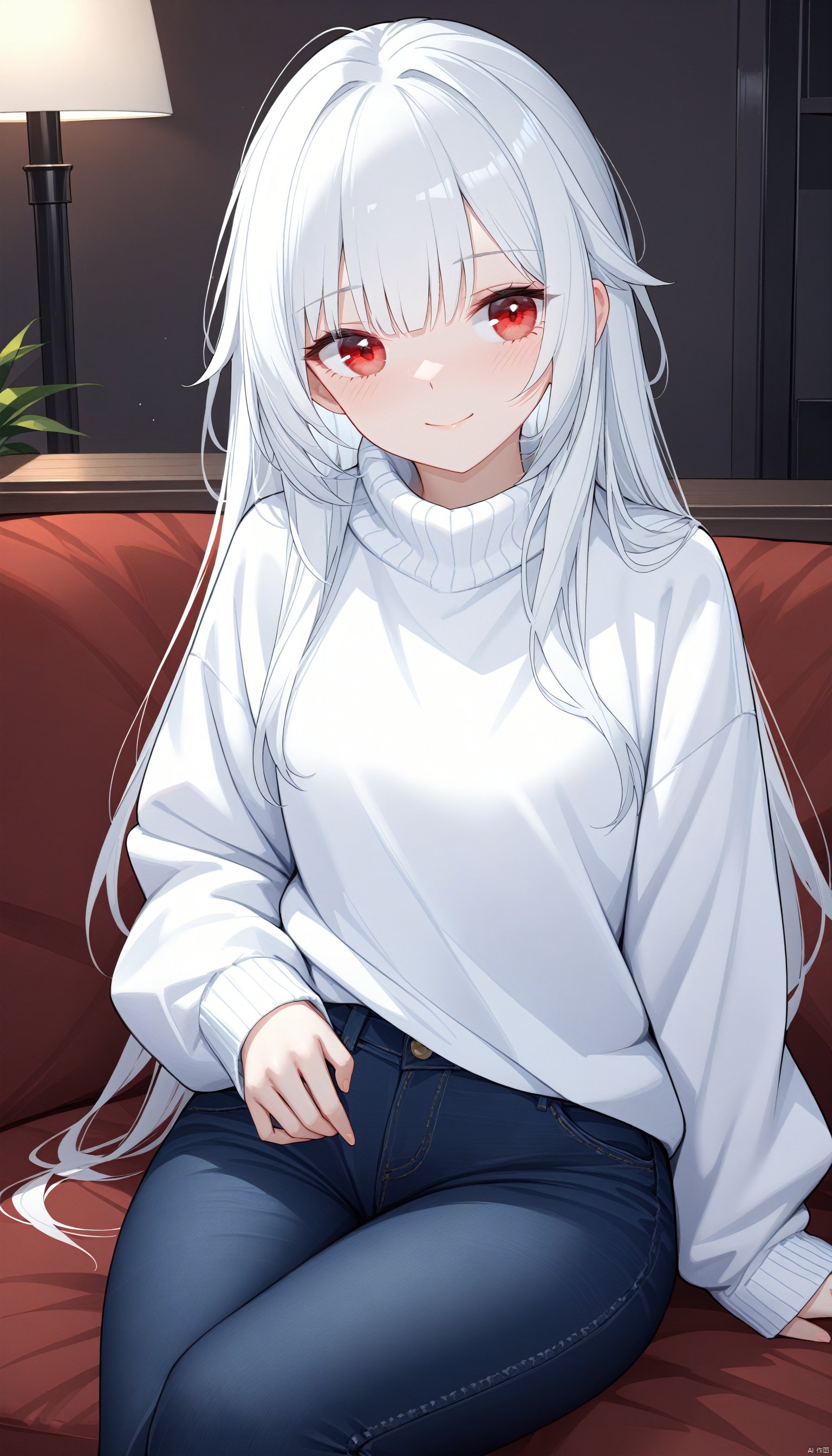 masterpiece,best quality,masterpiece,best quality,
1girl, tender wifely, solo, detailed eyes, red eyes, white hair, long hair, bangs, white sweaters, turtlenecks sweaters, jeans;closed mouth, smile, indoors, sitting, cross legs, 
BREAK fine fabric emphasis,best quality,masterpiece,best quality,amazing quality,very aesthetic,absurdres,best quality,amazing quality,very aesthetic,absurdres,Highly detailed,best quality,masterpiece,Highly detailed,