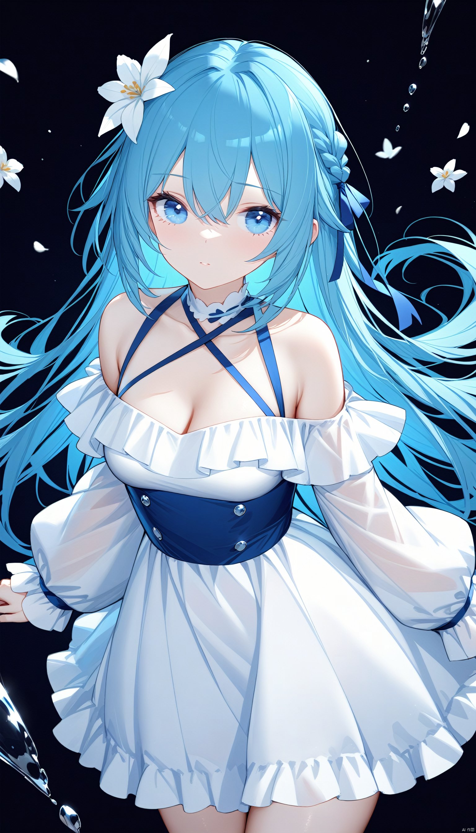 masterpiece,best quality,masterpiece,best quality,
1girl,solo,long hair,breasts,blue eyes,cleavage,hair ornament,white dress,hair between eyes,bare shoulders,medium breasts,very long hair,braid,blue hair,hair flower,ooking at viewer,bangs,long sleeves,dress,ribbon,bare shoulders,collarbone,hair ribbon,sleeves past wrists,halterneck,puffy long sleeves,white flower,off-shoulder dress,criss-cross halter, 
BREAK fine fabric emphasis,best quality,masterpiece,best quality,amazing quality,very aesthetic,absurdres,best quality,amazing quality,very aesthetic,absurdres,Highly detailed,best quality,masterpiece,Highly detailed,