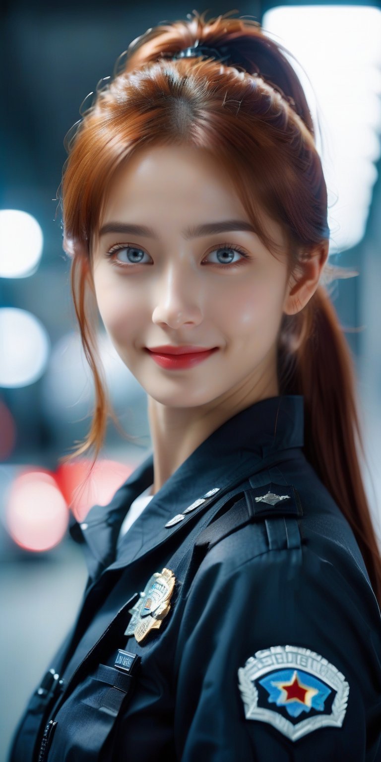 Best masterpiece, highest quality, highest resolution, female, outstanding proportions,long hair, red hair, ponytail,shining eyes,Beautiful skin, 25 years old, cute woman,Look like a fashion model,red eyes,futuristic,soft smile,lipstick,spotlight,Police officer, uniform, police car in the background,Photograph the whole body,