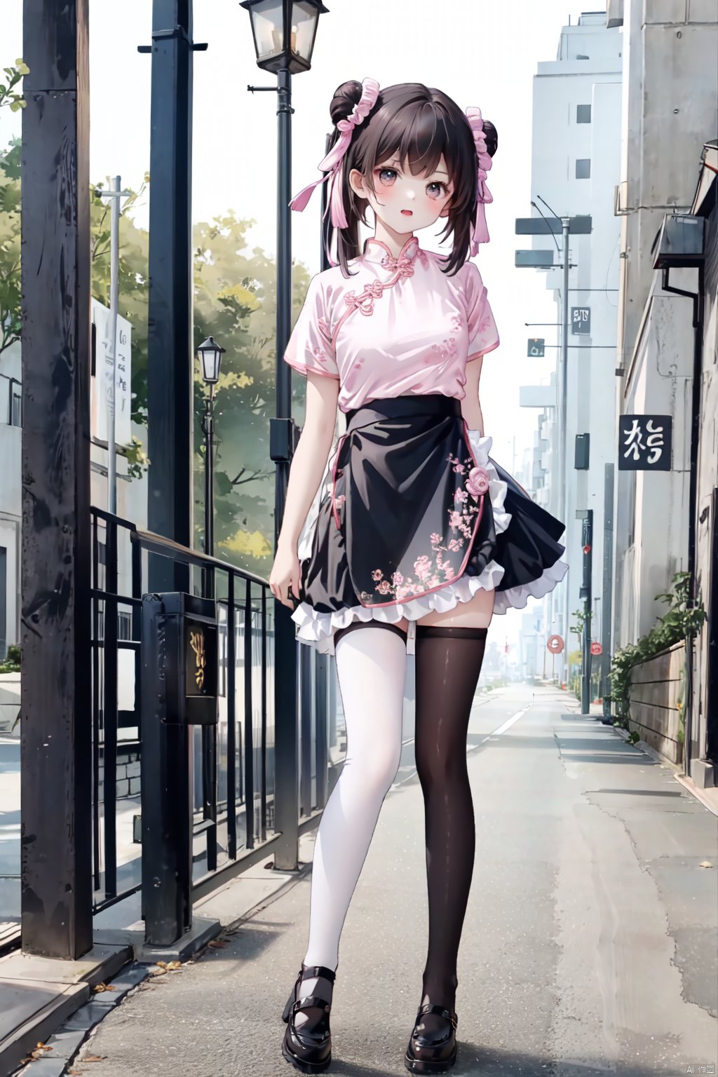  1girl, zhonghuaniang, pink dress, standing,outdoors, full body,thighhigh