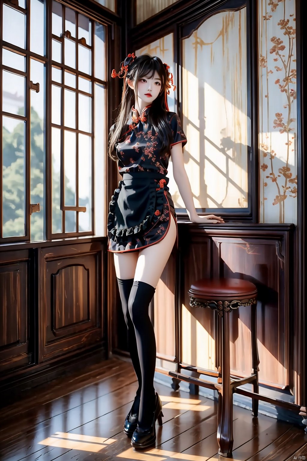  1girl, zhonghuaniang, black dress, standing,indoors, full body,thighhigh, ((rococo)), window,chair,painting_(medium)