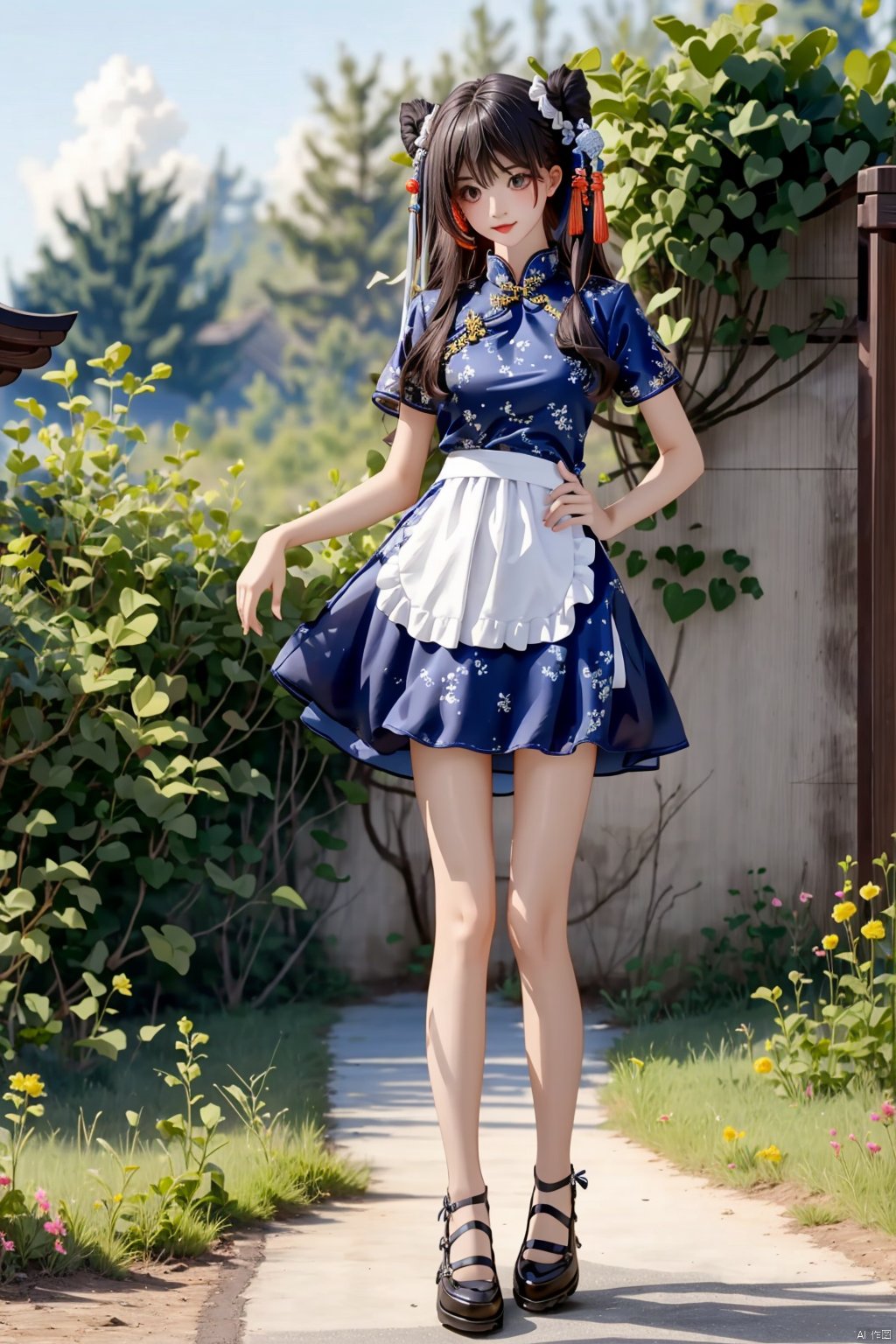  1girl, zhonghuaniang, blue dress, standing,outdoors, full body,thighhigh