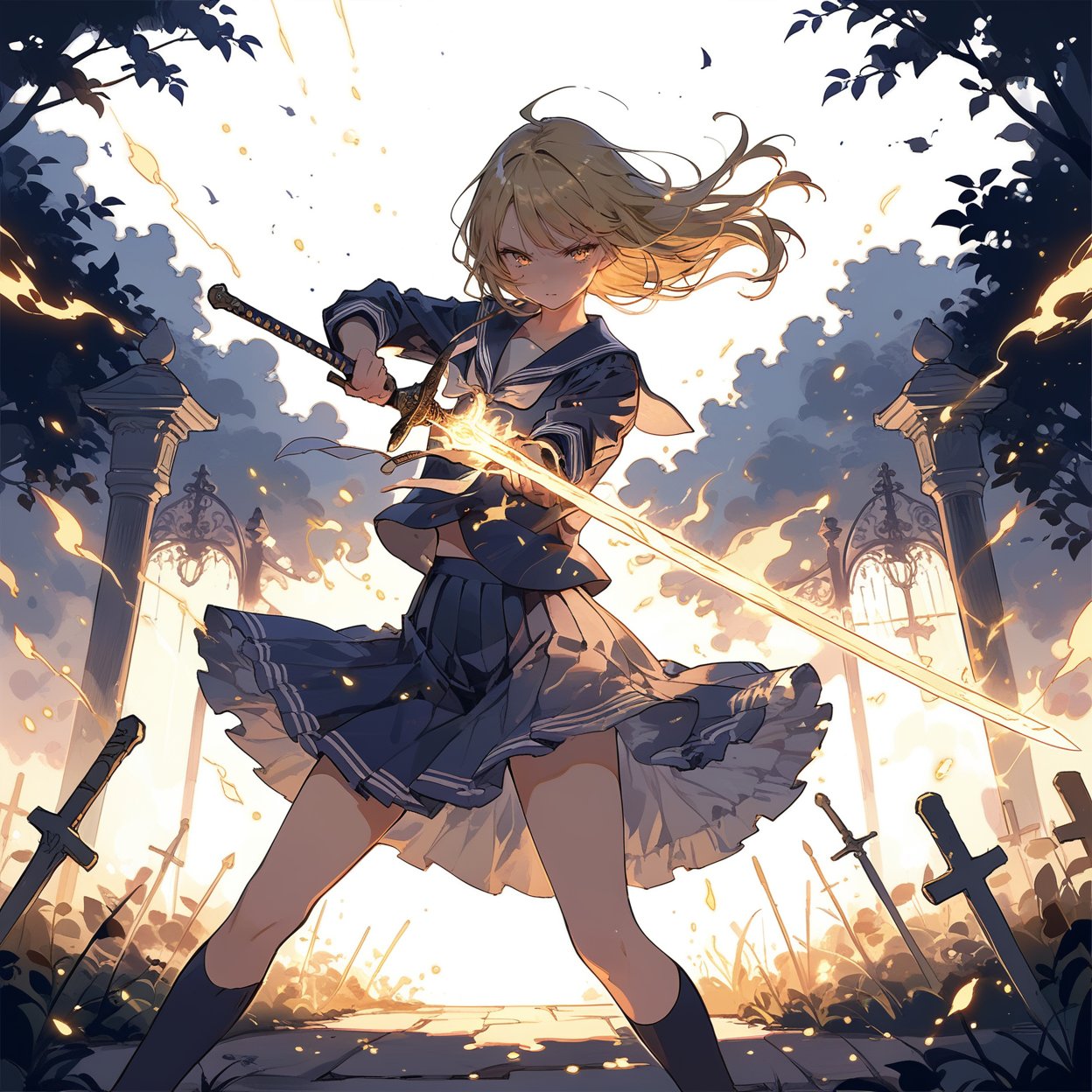 masterpiece, best quality, aesthetic, 
glowing sword, 1girl, solo, serafuku, school uniform,  garden, holding sword, white glowing sword, flaming sword, battle_stance, fighting_stance