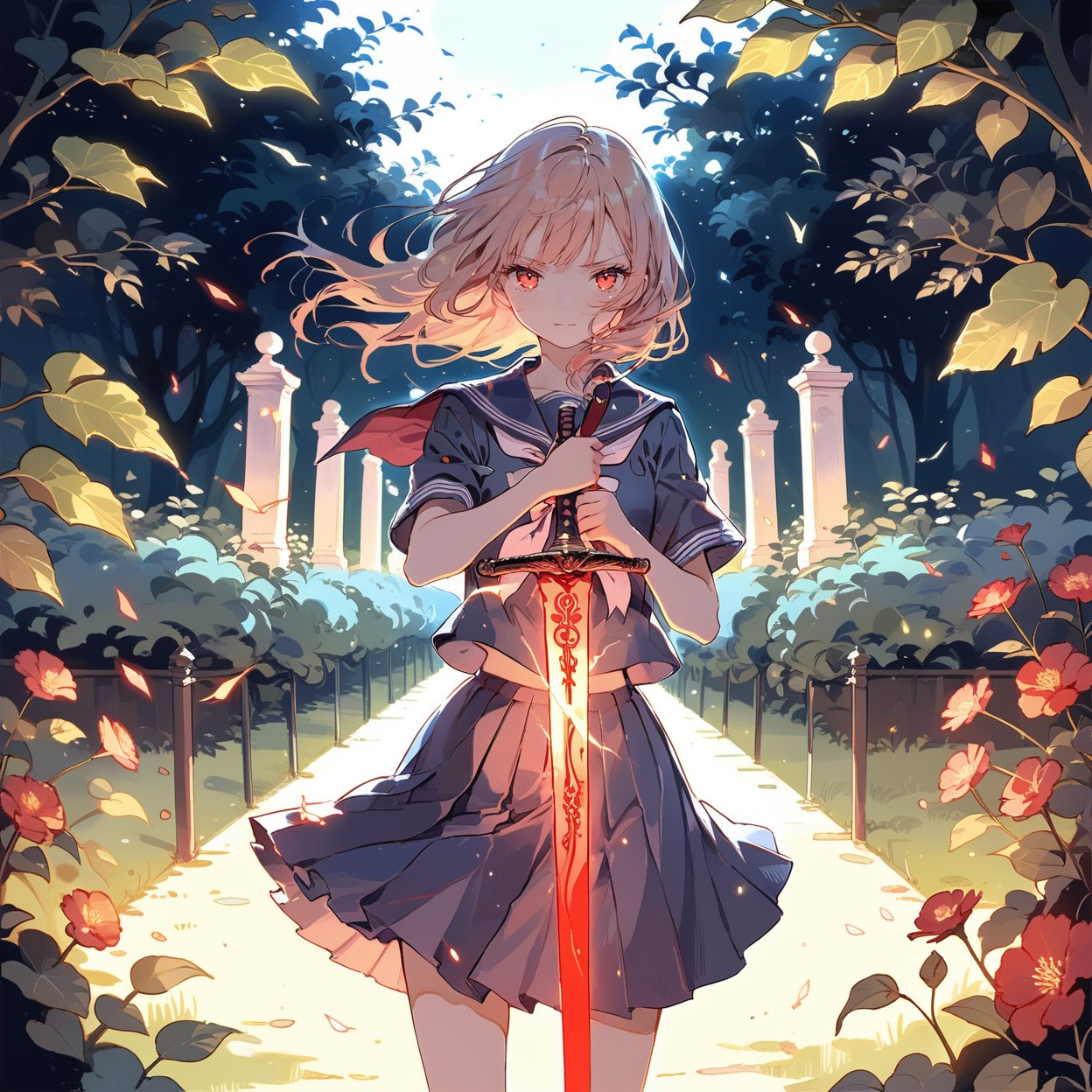 masterpiece, best quality, aesthetic, 
glowing sword, 1girl, solo, serafuku, school uniform,  garden, holding sword, red glowing sword