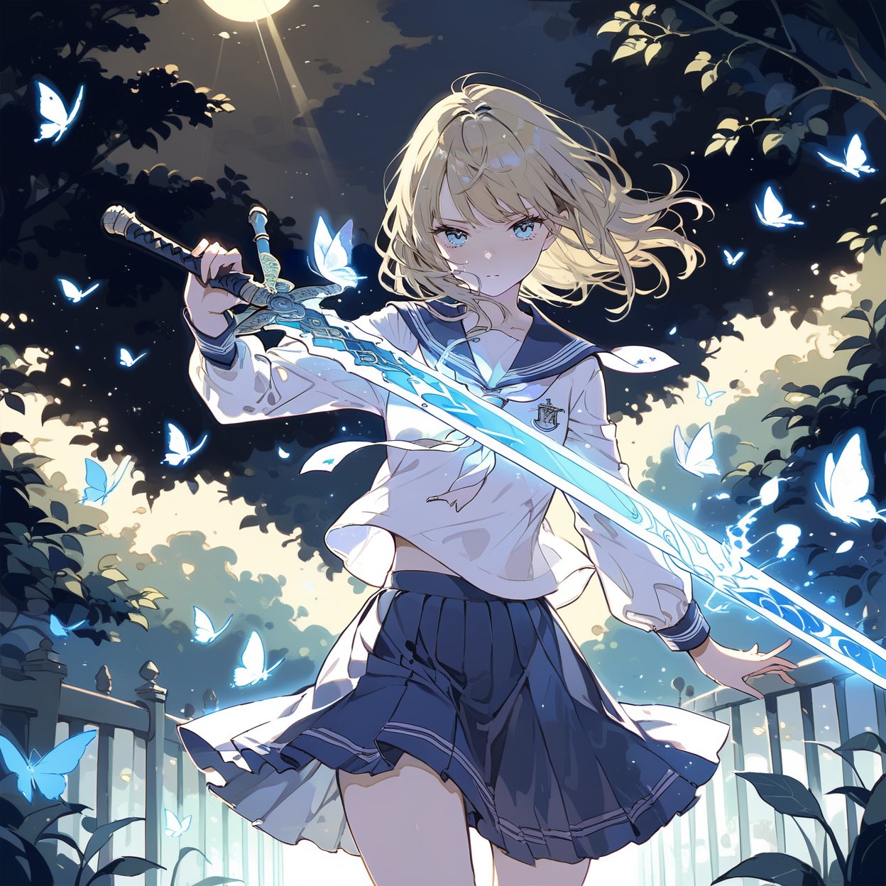 masterpiece, best quality, aesthetic, 
glowing sword, 1girl, solo, serafuku, school uniform,  garden, holding sword, blue glowing sword