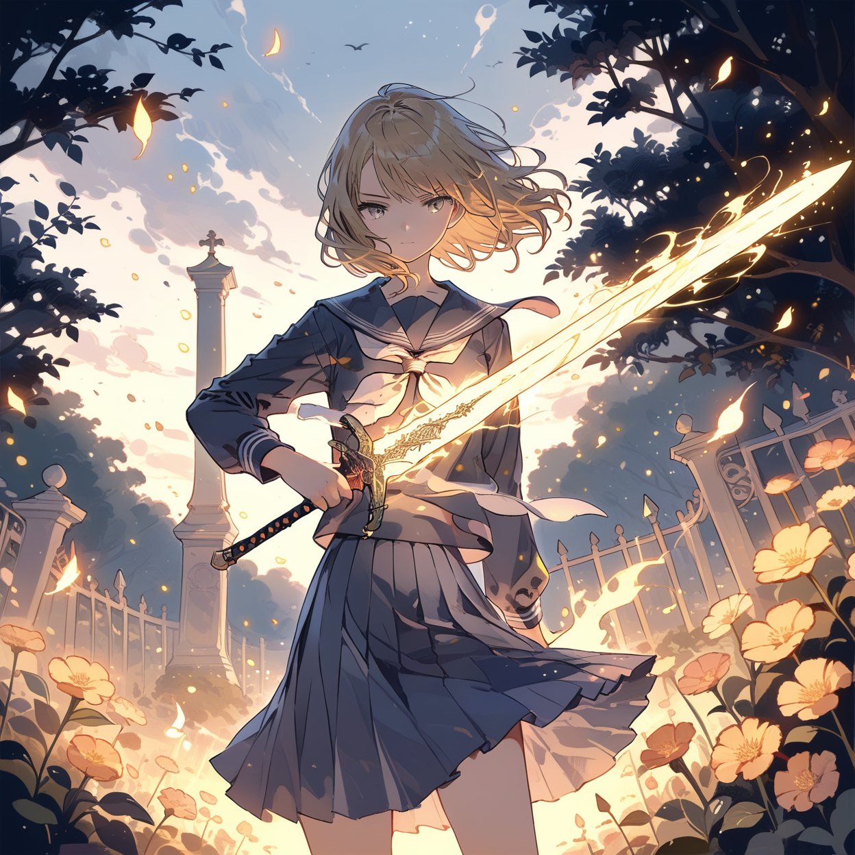 masterpiece, best quality, aesthetic, 
glowing sword, 1girl, solo, serafuku, school uniform,  garden, holding sword,white glowing sword, flaming sword, 