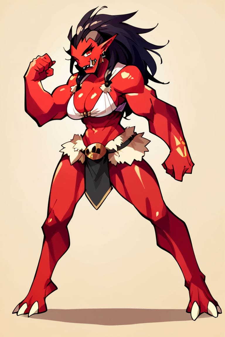 score_9 score_8_up, score_7_up, score_6_up, score_5_up, score_4_up, 1girl, solo, (futanari),  orc, colored skin, red skin, tusks, large breasts, human feet