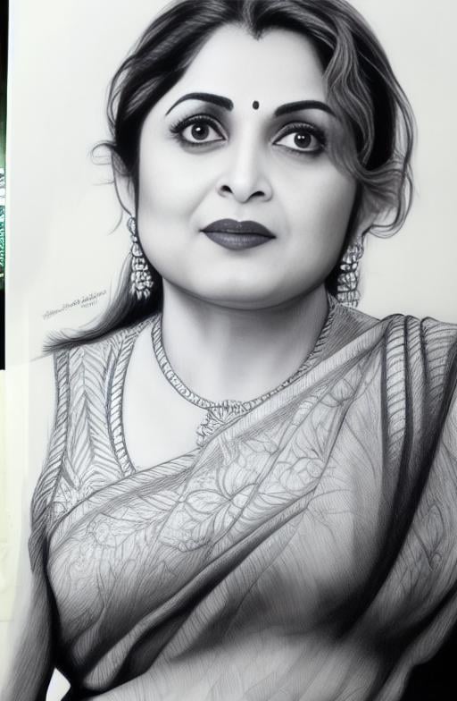 RamyaKrishnan,<lora:RamyaKrishnanSD1.5:1>, sketching on ivory paper with charcoal pencil, in the style of realistic hyper-detailed portraits, digital airbrushing, monochrome , commission for, i can't believe how beautiful this is