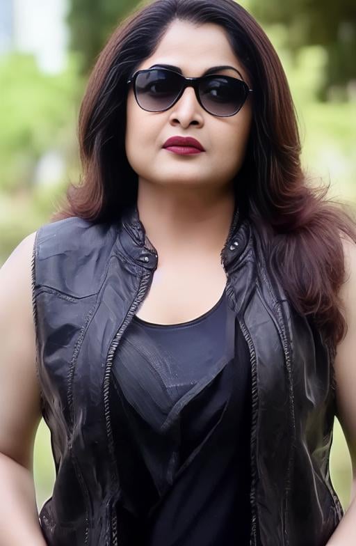 RamyaKrishnan,<lora:RamyaKrishnanSD1.5:1>,age 29, film grain, movie scene snapshot, wearing black tank top, long sleeve black leather jacket and glossy skinny jeans, upper body, close up, wearing sun glasses, (holding sickles in both hand firmly:1.2), the raid 2 promotional movie, looking at viewer, front facing camera, motion blur, depth of field, exceptional detail, detailed skin textures