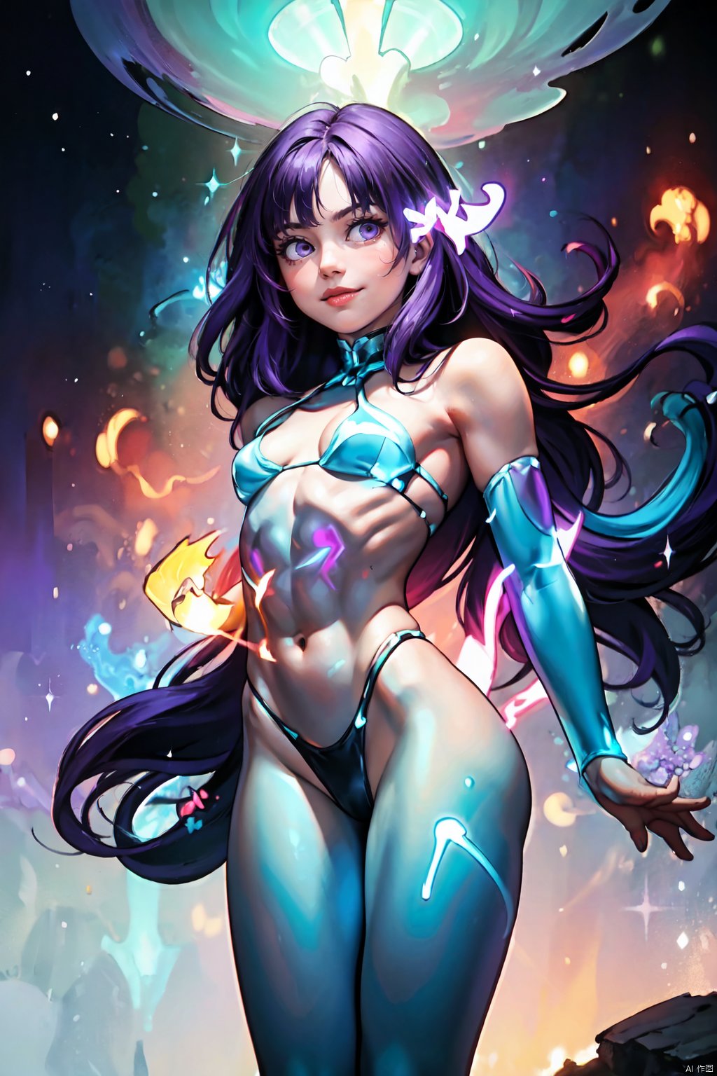  masterpiece, best quality, 1girl, solo, long hair, purple hair, slender,fantasy,,floating hair, glowing,
teal eyes,(bloom effect), (glow), bare shoulders, white and pure white, small breasts, (abs), teal hair, (glowing), (sexy body), dress, body neon trim,smirk,fire,electric ,magic, purple with red theme,galaxy,powerful ,fazhen, r1ge, CLOUD, Boris Vallejo style