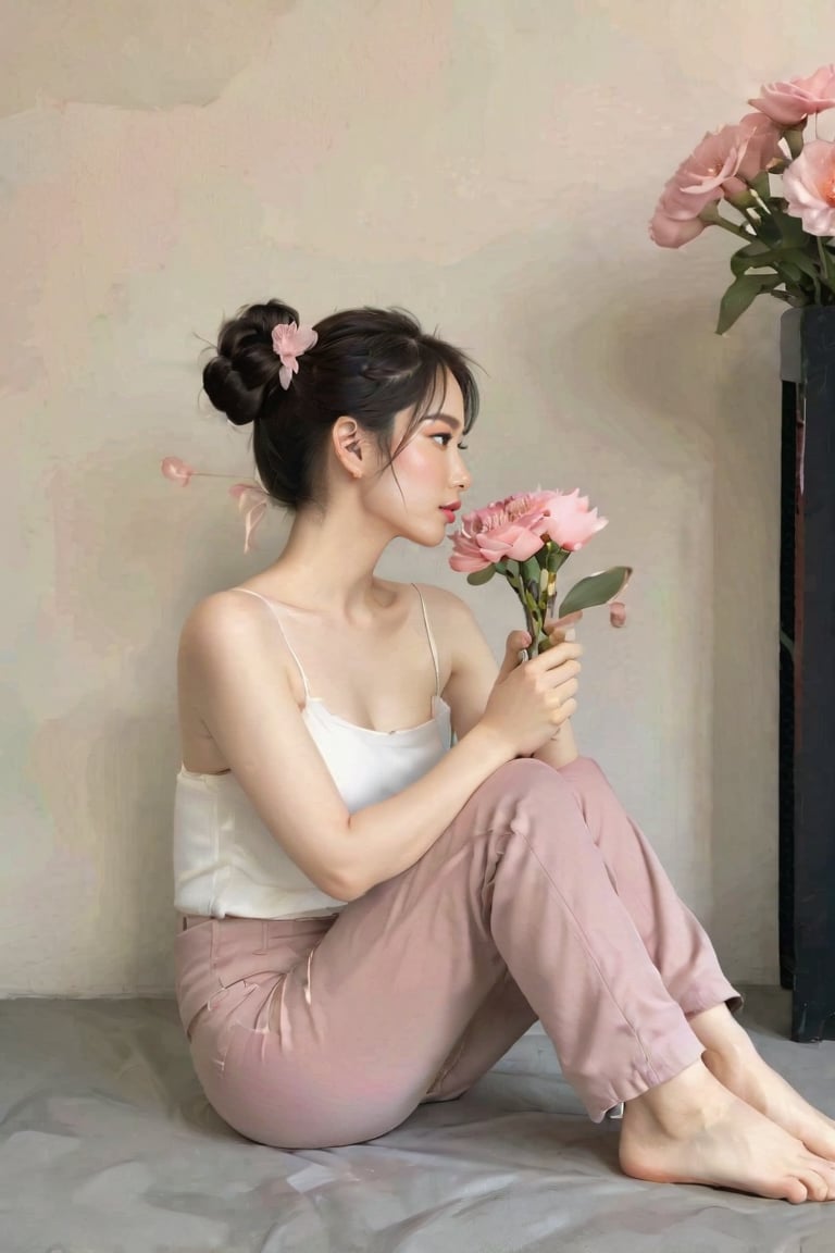 1girl, solo, breasts, black hair, sitting, closed eyes, flower, barefoot, pants, hair bun, blurry, feet, sideboob, profile, black pants, single hair bun, pink flower, realistic, holding flower