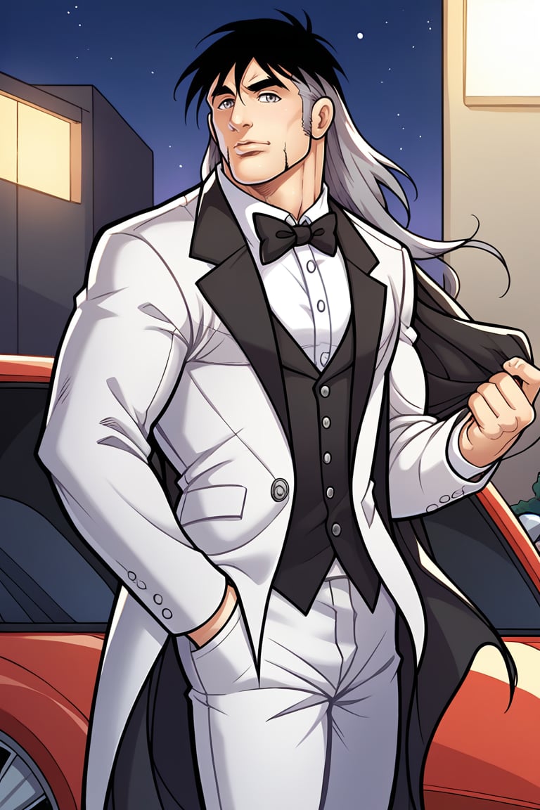 Rating_safe, Score_9, score_8_up, score_7_up, score_6_up, score_5_up, score_4_up, 1boy, solo, z@hn, grey eyes, BREAK, bara, muscular, wearing a tuxedo, night sky, next to a car, cowbiyshot.