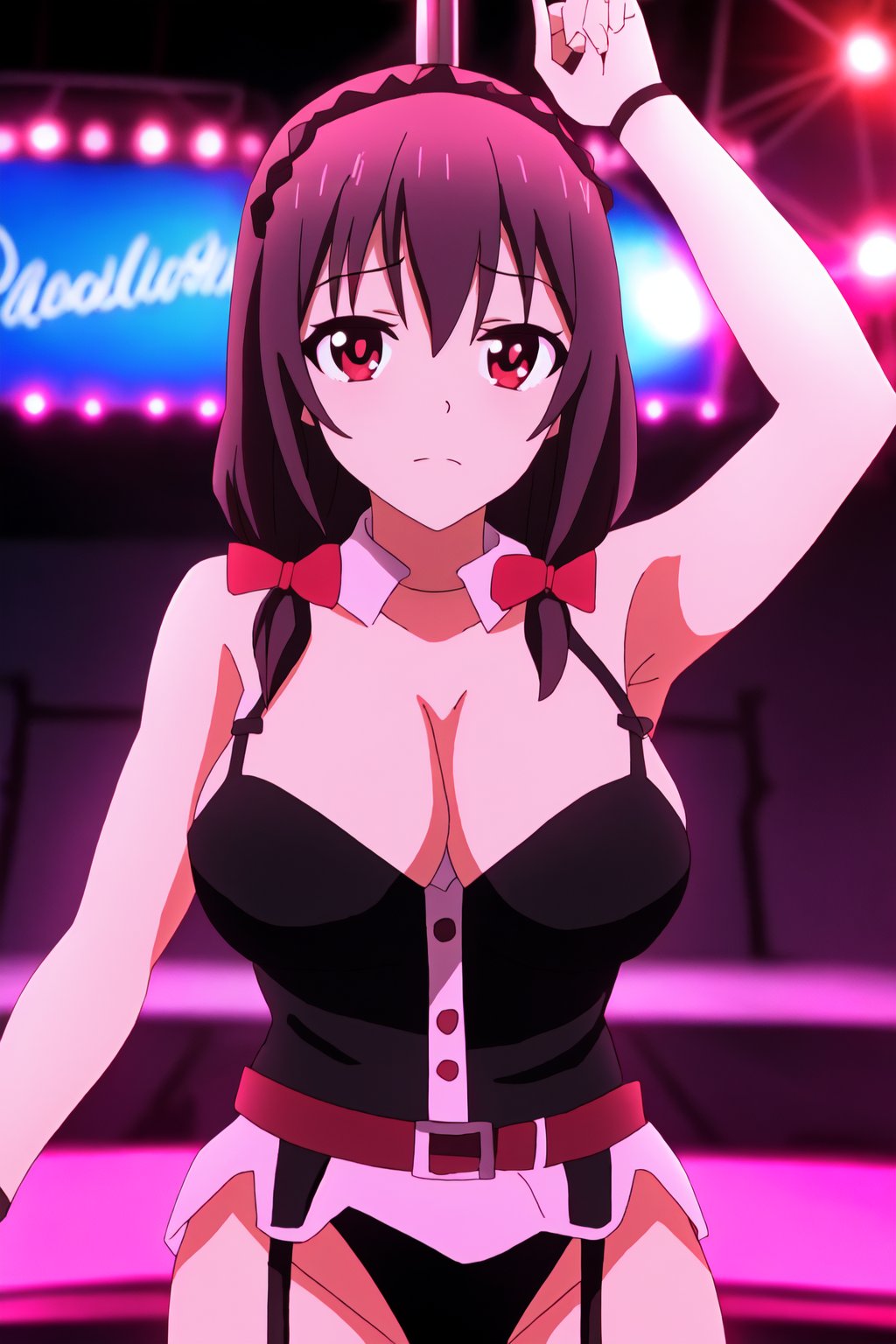 Highly detailed, High quality, Masterpiece, Beautiful, high detailed body, 1girl, solo,red eyes, cleavage, big breasts, yunyun, stripper_pole, stage, scenary, lap dance, neon lights, stripper club, background , high detailed background, black lingerie, babydoll, garter belt, high hells, one eye close, showing_armpits