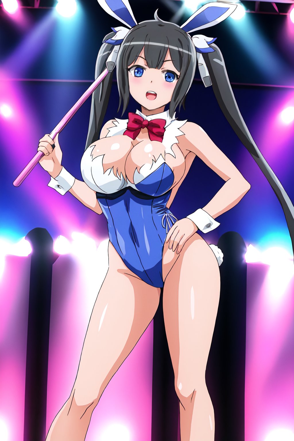 Highly detailed, High quality, Masterpiece, Beautiful, high detailed body, 1girl, solo, cleavage, big breasts, black hair, twin_tails, hair ornament, stripper_pole, stage, scenary, lap dance, neon lights, stripper club, background , high detailed background, playboy_bunny_leotard , high hells, poledancing,, hestia_danmachi