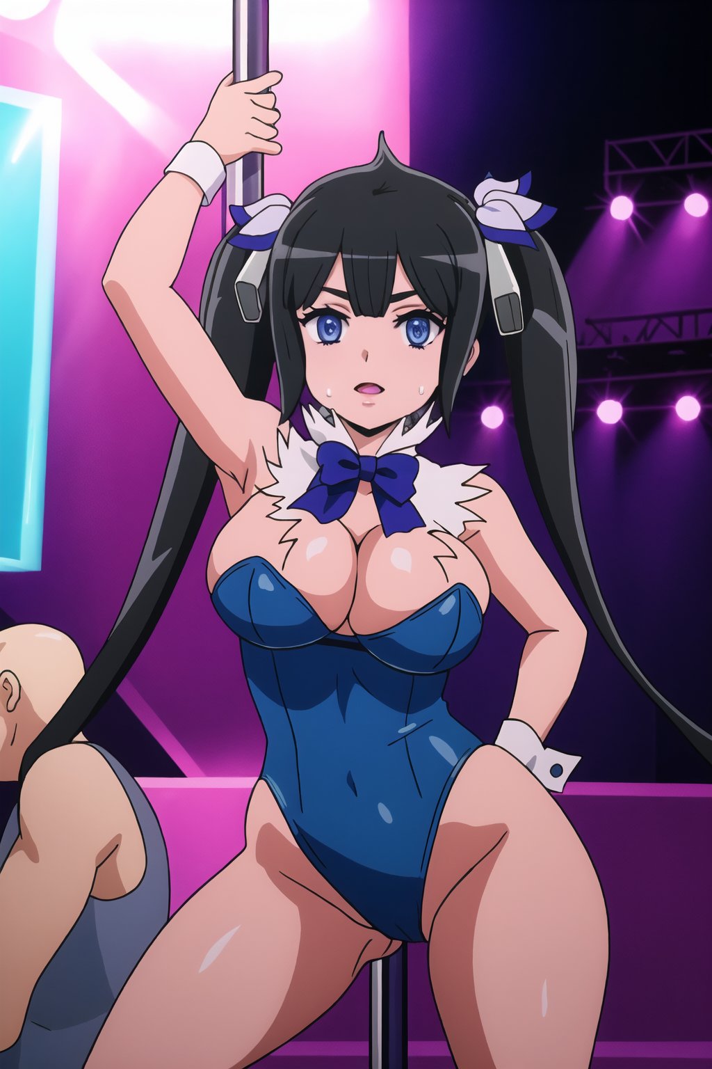 Highly detailed, High quality, Masterpiece, Beautiful, high detailed body, 1girl, solo, cleavage, big breasts, black hair, twin_tails, hair ornament, stripper_pole, stage, scenary, lap dance, neon lights, stripper club, background , high detailed background, playboy_bunny_leotard , high hells, poledancing,, hestia_danmachi, detailed pole dance