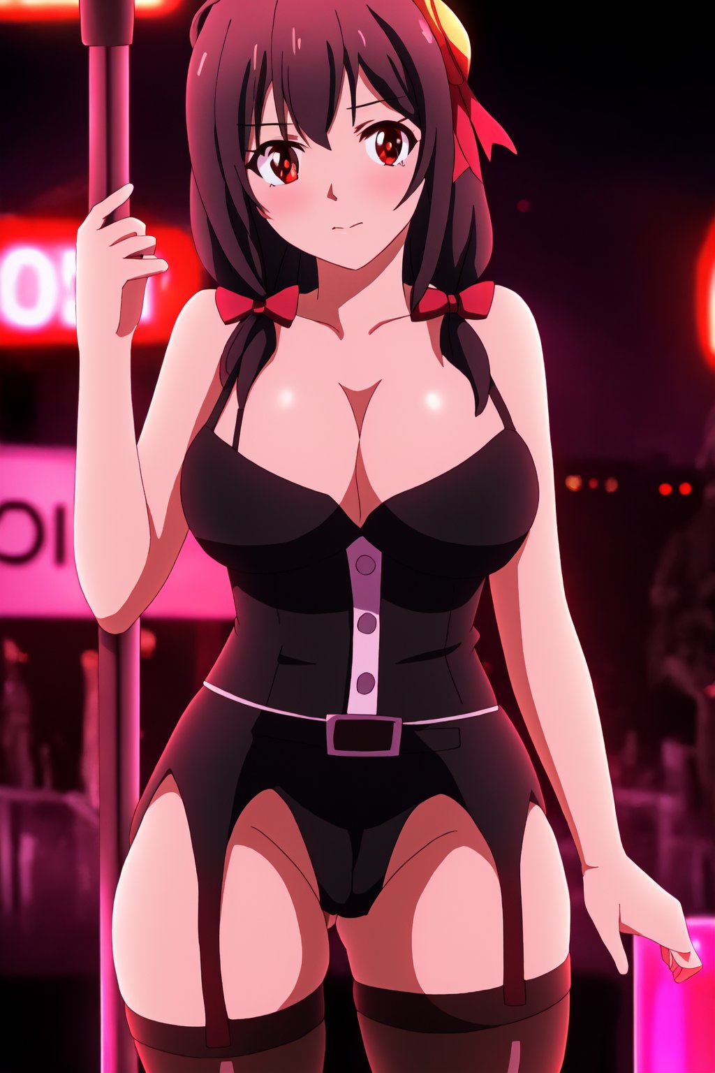 Highly detailed, High quality, Masterpiece, Beautiful, high detailed body, 1girl, solo,red eyes, cleavage, big breasts, yunyun, stripper_pole, lap dance, neon lights, stripper club, background , high detailed background, black lingerie, babydoll, garter belt, high hells, one eye close, showing_armpits