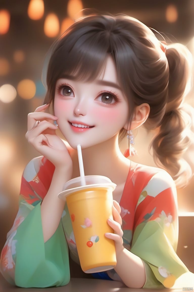 1girl,wear colorful clothes,upper body,drink milk tea,open mouth,happy,laugh