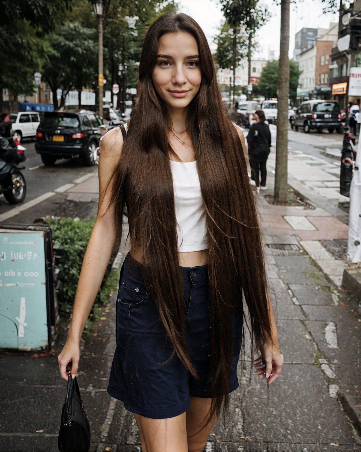 a girl on the street walking, super long hair