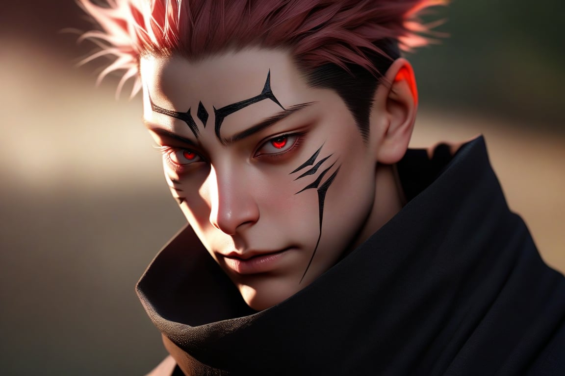semi realistic anime, realistic, 3d, ryoumen sukuna \(jujutsu kaisen\), jujutsu kaisen, solo, looking at viewer, short hair, red eyes, 1boy, closed mouth, male focus, japanese clothes, kimono, scarf, tattoo, spiked hair, portrait, realistic, undercut, facial tattoo, extra eyes, ryoumen sukuna (jujutsu kaisen), masterpiece, best quality, (extremely detailed CG unity 8k wallpaper, masterpiece, best quality, ultra-detailed, best shadow), (detailed background), (beautiful detailed face, beautiful detailed eyes), High contrast, (best illumination, an extremely delicate and beautiful), realistic hair, photorealistic