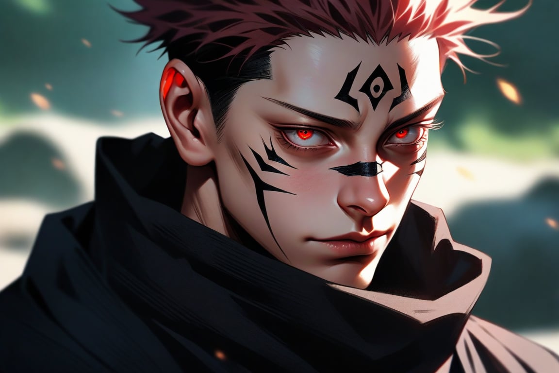 semi realistic anime, realistic, ryoumen sukuna \(jujutsu kaisen\), jujutsu kaisen, solo, looking at viewer, short hair, red eyes, 1boy, closed mouth, male focus, japanese clothes, kimono, scarf, tattoo, spiked hair, portrait, realistic, undercut, facial tattoo, extra eyes, ryoumen sukuna (jujutsu kaisen), masterpiece, best quality, (extremely detailed CG unity 8k wallpaper, masterpiece, best quality, ultra-detailed, best shadow), (detailed background), (beautiful detailed face, beautiful detailed eyes), High contrast, (best illumination, an extremely delicate and beautiful)