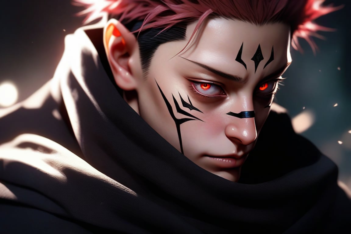 semi realistic anime, ryoumen sukuna \(jujutsu kaisen\), jujutsu kaisen, 3d, solo, looking at viewer, short hair, red eyes, 1boy, closed mouth, male focus, japanese clothes, kimono, scarf, tattoo, spiked hair, portrait, realistic, undercut, facial tattoo, extra eyes, ryoumen sukuna (jujutsu kaisen), masterpiece, best quality, (extremely detailed CG unity 8k wallpaper, masterpiece, best quality, ultra-detailed, best shadow), (detailed background), (beautiful detailed face, beautiful detailed eyes), High contrast, (best illumination, an extremely delicate and beautiful), realistic hair, photorealistic