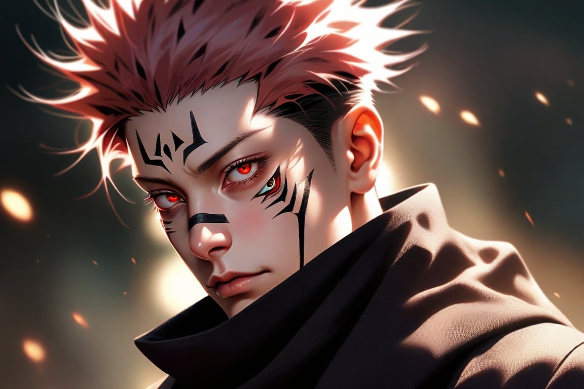 semi realistic anime, realistic, ryoumen sukuna \(jujutsu kaisen\), jujutsu kaisen, solo, looking at viewer, short hair, red eyes, 1boy, closed mouth, male focus, japanese clothes, kimono, scarf, tattoo, spiked hair, portrait, realistic, undercut, facial tattoo, extra eyes, ryoumen sukuna (jujutsu kaisen), masterpiece, best quality, (extremely detailed CG unity 8k wallpaper, masterpiece, best quality, ultra-detailed, best shadow), (detailed background), (beautiful detailed face, beautiful detailed eyes), High contrast, (best illumination, an extremely delicate and beautiful), realistic hair