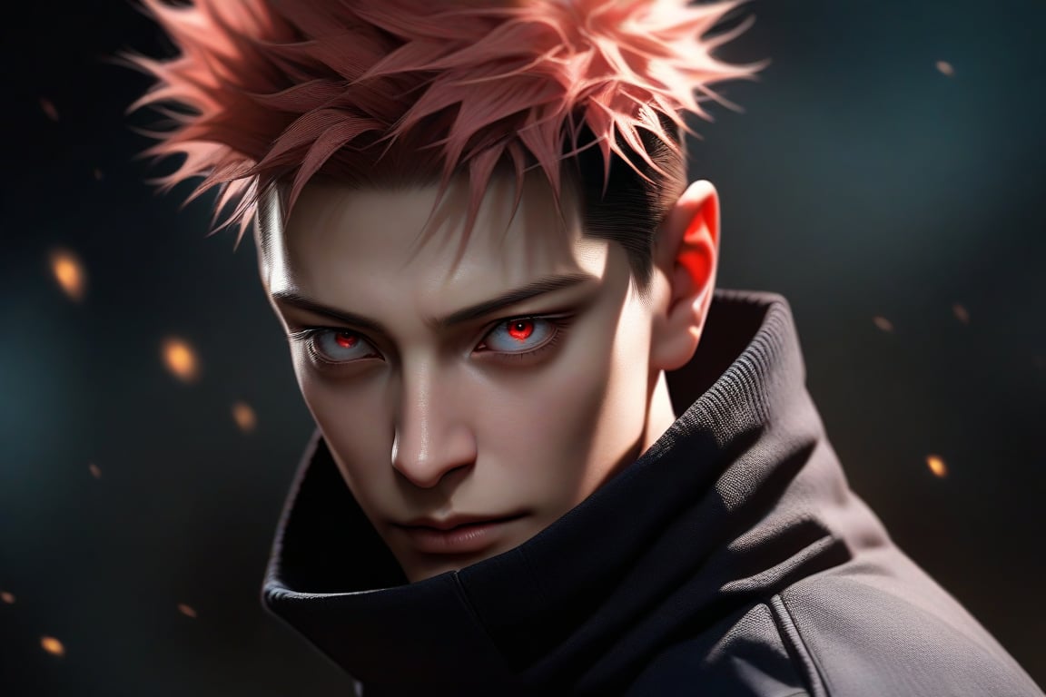 semi realistic anime, gojou satoru, \(jujutsu kaisen\), jujutsu kaisen, 3d, solo, looking at viewer, short hair, red eyes, 1boy, blue eyes, closed mouth, male focus, spiked hair, portrait, realistic, undercut, gojou satoru (jujutsu kaisen), masterpiece, best quality, (extremely detailed CG unity 8k wallpaper, masterpiece, best quality, ultra-detailed, best shadow), (detailed background), (beautiful detailed face, beautiful detailed eyes), High contrast, (best illumination, an extremely delicate and beautiful), realistic hair, photorealistic