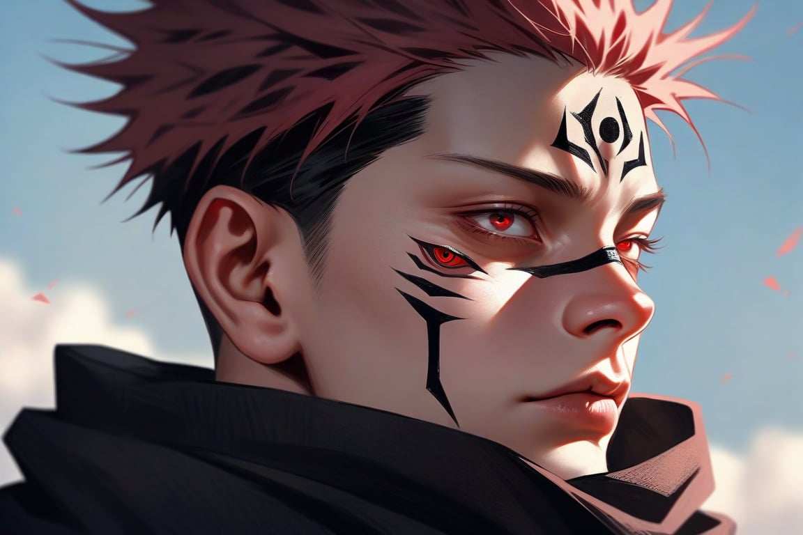 semi realistic anime, realistic, ryoumen sukuna \(jujutsu kaisen\), jujutsu kaisen, solo, looking at viewer, short hair, red eyes, 1boy, closed mouth, male focus, japanese clothes, kimono, scarf, tattoo, spiked hair, portrait, realistic, undercut, facial tattoo, extra eyes, ryoumen sukuna (jujutsu kaisen)