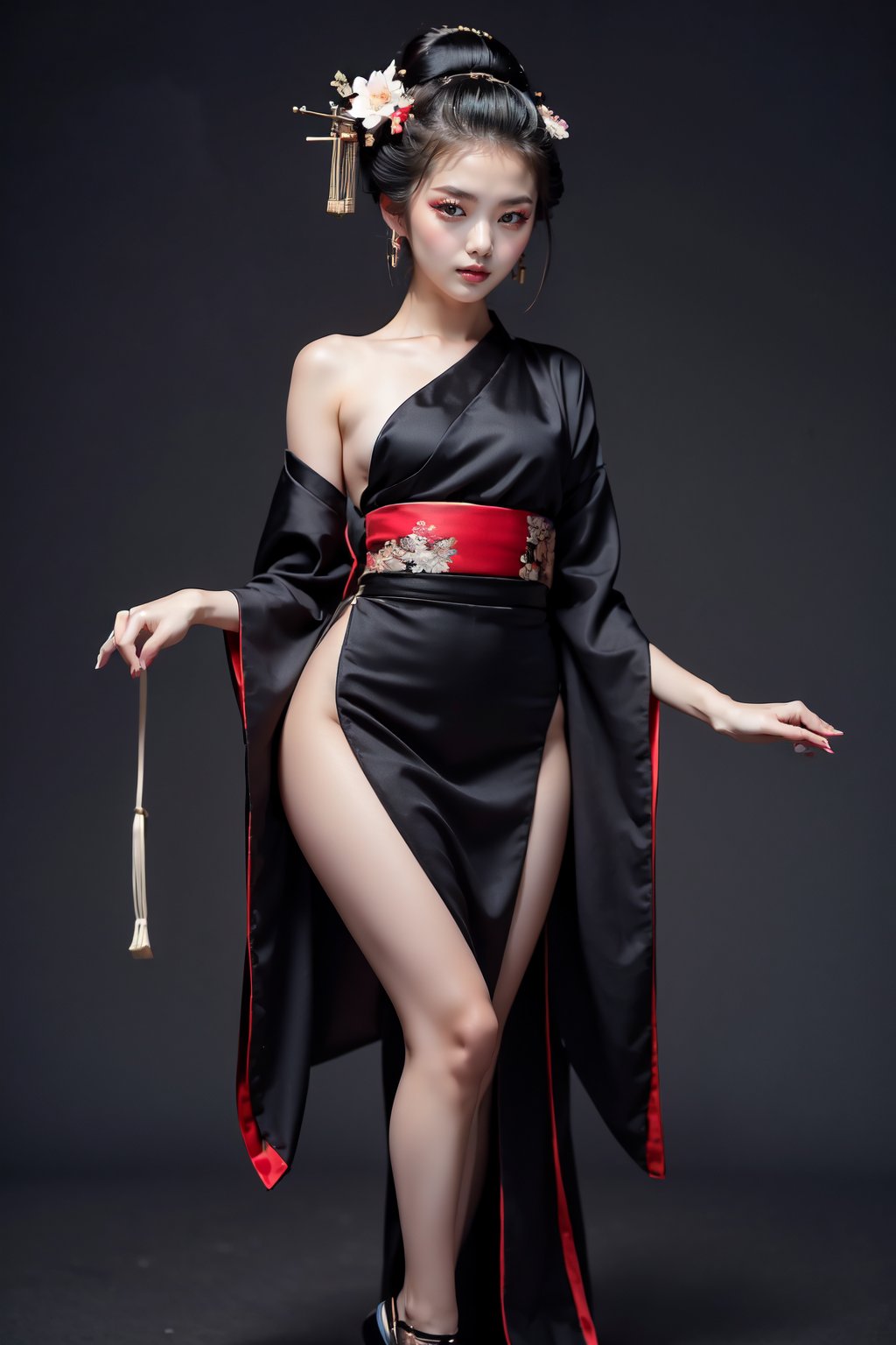 (Masterpiece:1.5), (Best quality:1.5), Cyberpunk style, full body, Experience the elegance and grace of a geisha's performance as she plays the shamisen, her fingers moving effortlessly over the strings in a mesmerizing display. geisha