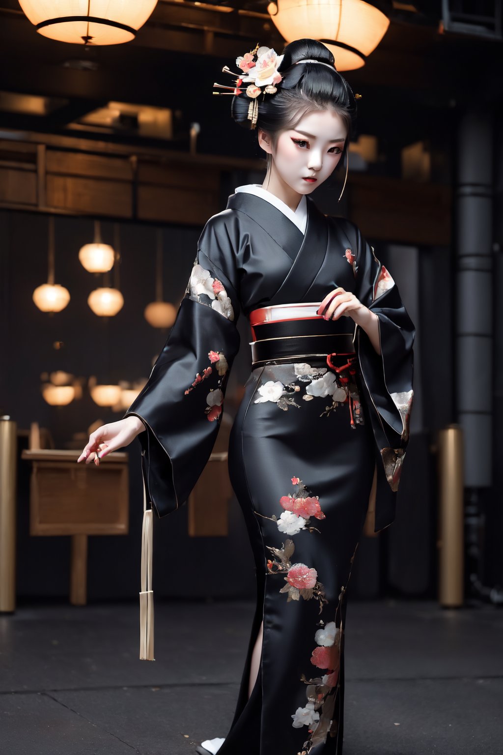 (Masterpiece:1.5), (Best quality:1.5), Cyberpunk style, full body, Experience the elegance and grace of a geisha's performance as she plays the shamisen, her fingers moving effortlessly over the strings in a mesmerizing display. geisha