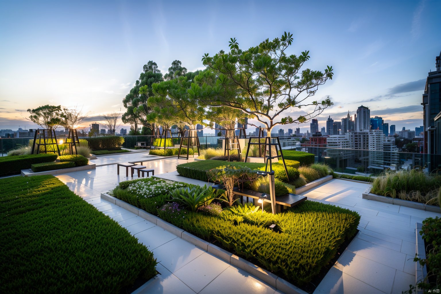 masterpiece,best quality,wuding,((no human)),outdoors,scenery,tree,building,grass,roof garden,light