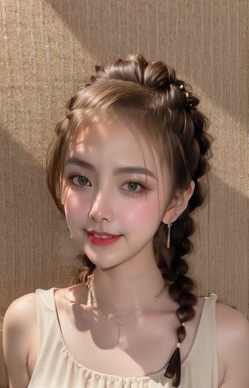 16K, 1girl, solo, looking at viewer, smile, medium long hair, brown hair, simple background, brown eyes, jewelry, upper body, earrings, realistic, necklace, lips, nose, portrait, ponytails, sleeveless, twin braids, hairclip, CCC3