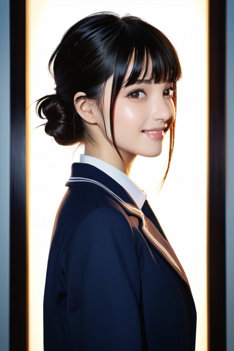 best quality, masterpiece, extremely detailed, 1girl, solo, smile,looking at viewer, bangs, blunt bangs, half updo, black hair, medium hair,standing, upper body,school uniform, navy jacket,white shirts,sky,,Cinematographic lighting, from side,cool girl