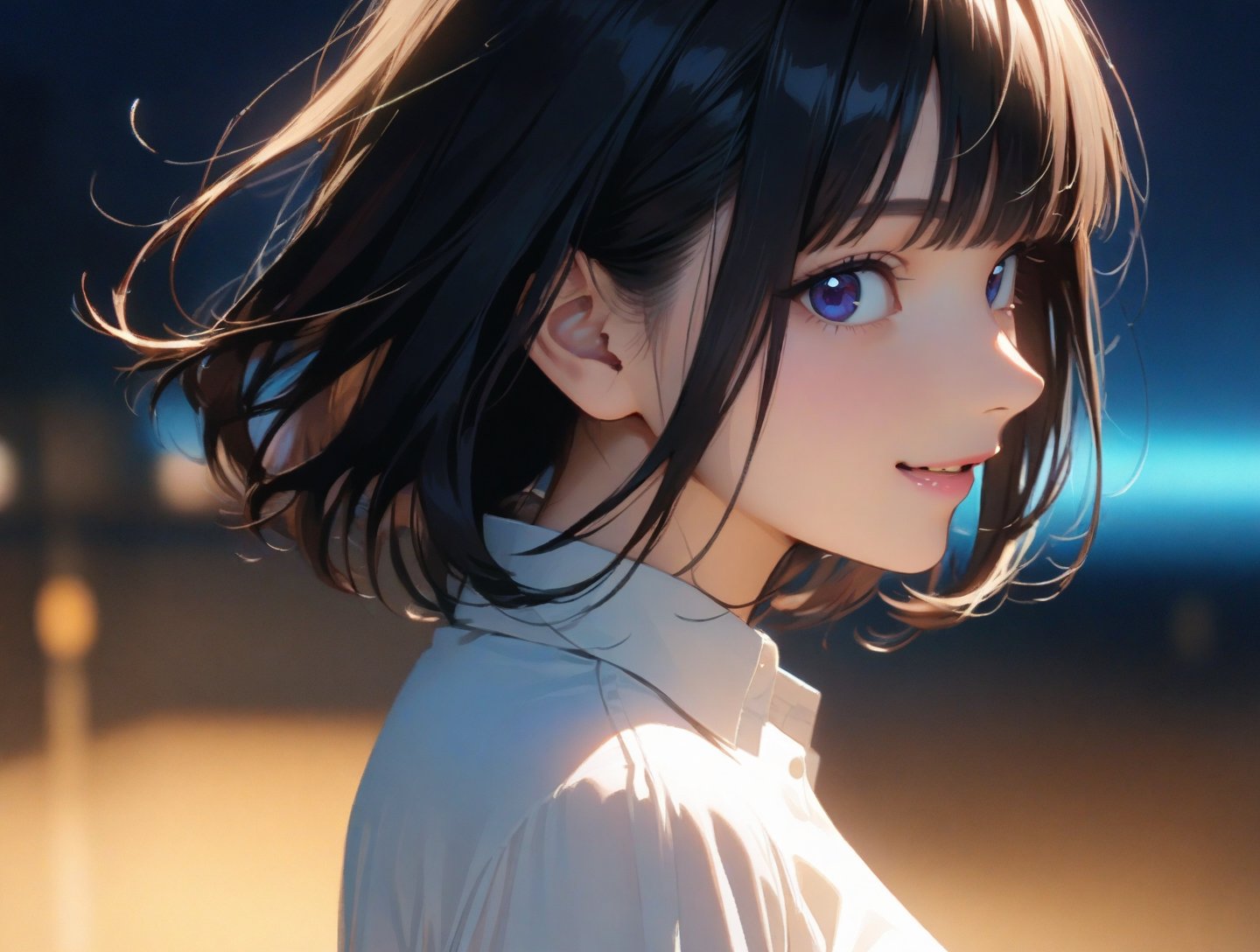 best quality, masterpiece,1girl, solo, smile,looking at viewer, bangs, blunt bangs, black hair, medium hair,standing, upper body, dress_shirt,,white dot shirts,sky,Cinematographic lighting, from side,cool girl,anime face, blue_sky background,