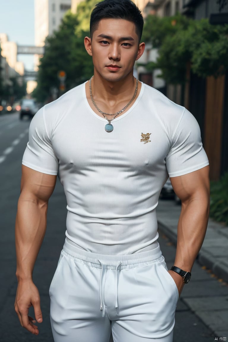 jzns,szz,1man,realistic,handsome,asian,solo,male focus,bodybuilder,muscular,necklace,buzz cut,tight shirt,white pants,bulge,in street,masterpiece, realistic, Realism, best quality, highly detailed, 8K Ultra HD, sharp focus, profession, 