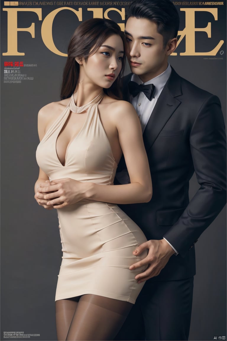 👫,a Handsome man and a sexy woman hugging together,standing,Asian,exquisite facial features,(muscular man wearing formal suit), (slim woman wearing halter dress,nude pantyhose), face to face, affectionate, charming eyes,(simple background), graceful yet melancholic posture,fluorescent light,double exposure,Canon 5d mark 4,Depth of field 270mm,elaborate,fine artistic composition,fabulous colors,very inspirational,complex artistic color composition,Magazine cover,masterpiece, realistic, best quality, highly detailed,jzns,plns,