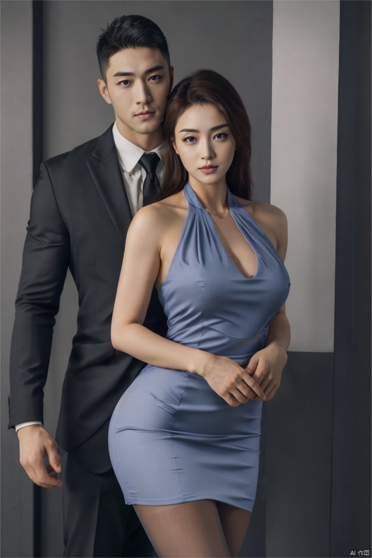 👫,a Handsome man and a sexy woman hugging together,standing,Asian,exquisite facial features,(muscular man wearing formal suit), (slim woman wearing halter dress,glossy pantyhose), face to face, affectionate, charming eyes,(simple background), graceful yet melancholic posture,fluorescent light,double exposure,Canon 5d mark 4,Depth of field 270mm,elaborate,fine artistic composition,fabulous colors,very inspirational,complex artistic color composition,masterpiece, realistic, best quality, highly detailed,jzns,plns,plnssw,wak