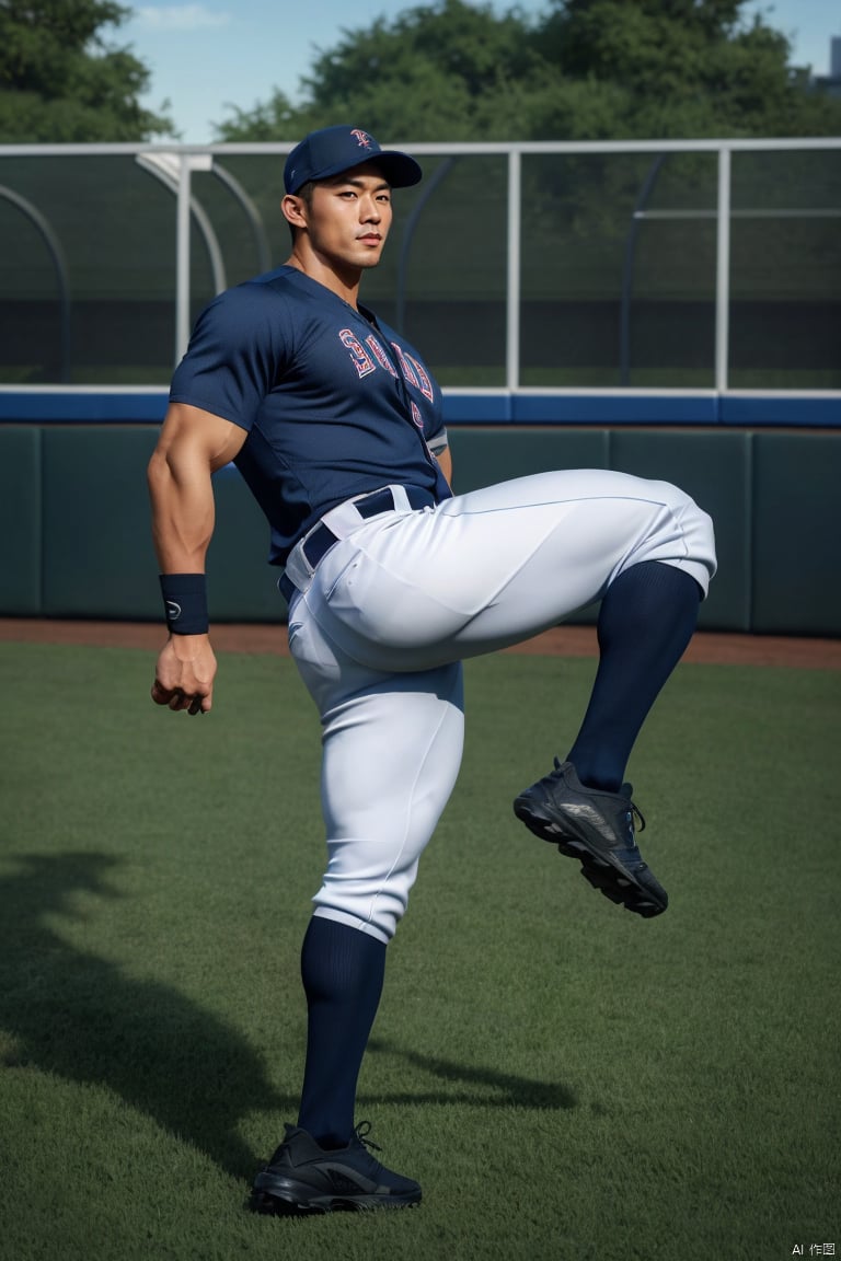 jzns,szz,1man,realistic,handsome,asian,solo,baseball man,male focus, muscular, muscular male, ass,(kneehigh socks), pants,thick thighs,footwear, hangtags,masterpiece, realistic, Realism, best quality, highly detailed, 8K Ultra HD, 