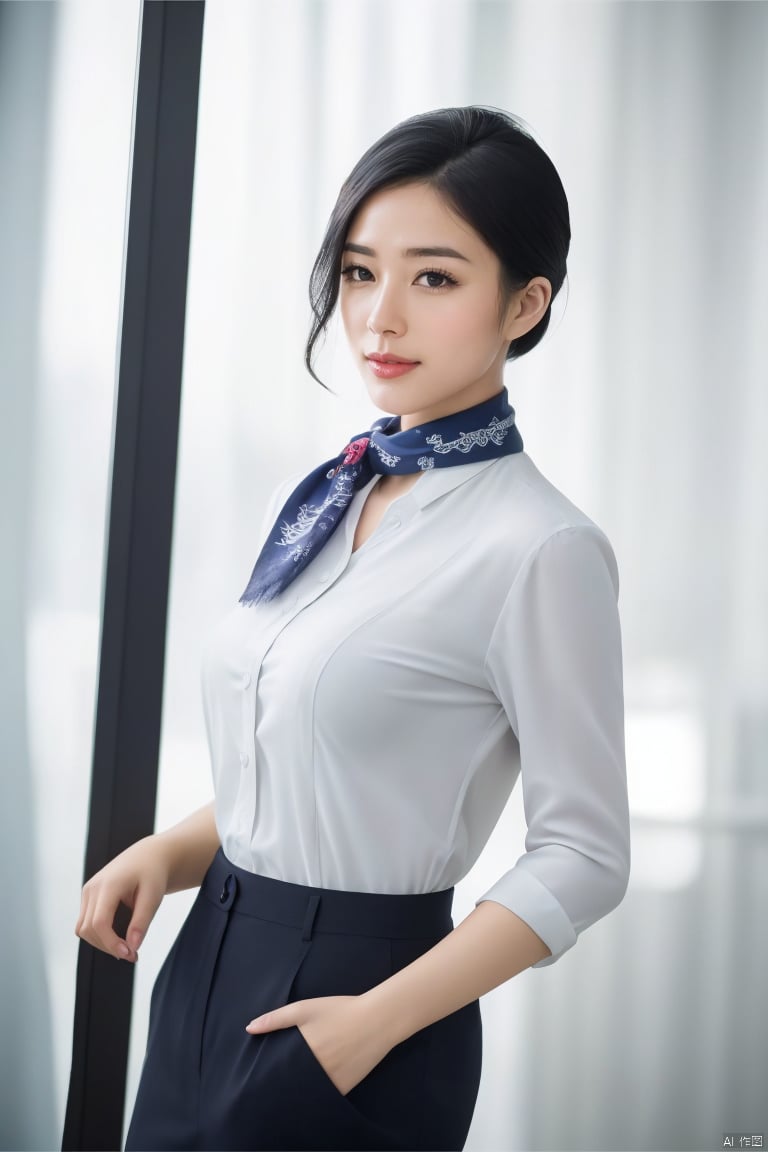  plns,dhkj,1girl,asian,solo,pretty,charming,exquisite facial features,very delicate skin,dh shirt,pantyhose,black hair,Silk scarves,(ambient light:1.3),(cinematic composition:1.3),Accent Lighting,Volumetric lighting,plns,blurry,(masterpiece, realistic, best quality, highly detailed, profession),plns,dhkj