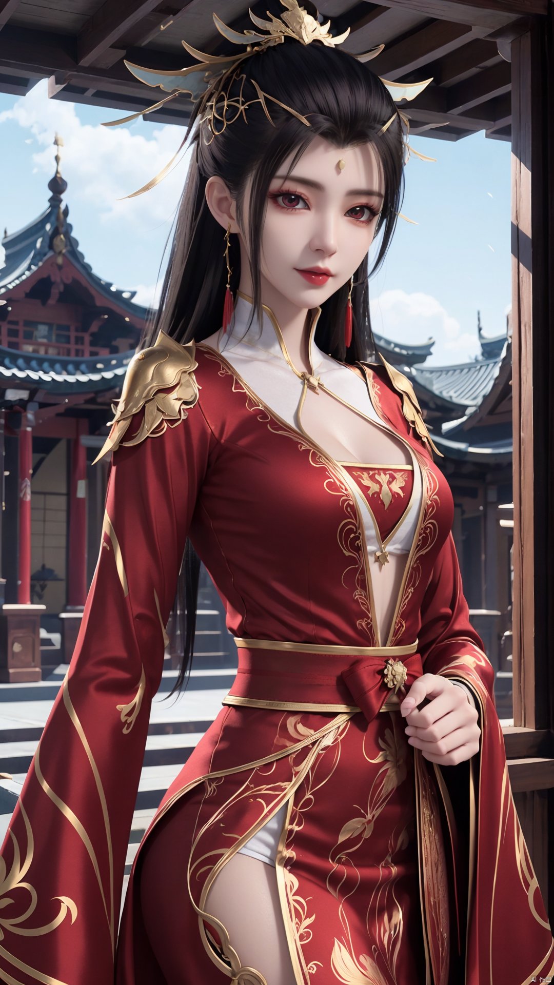 1girl, red dress, solo, hair ornament, black hair, chinese clothes, earrings, dress, jewelry, long sleeves, long hair, mischevious smile, perfect body, scenery, sharp focus, best quality, masterpiece, detailed outfit, illustration, perfect eyes, finely detailed beautiful anime eyes, realistic skin, intricate details, best lighting, depth of field, ultra high resolution,cowboy_shot, dynamic pose, dynamic angle,