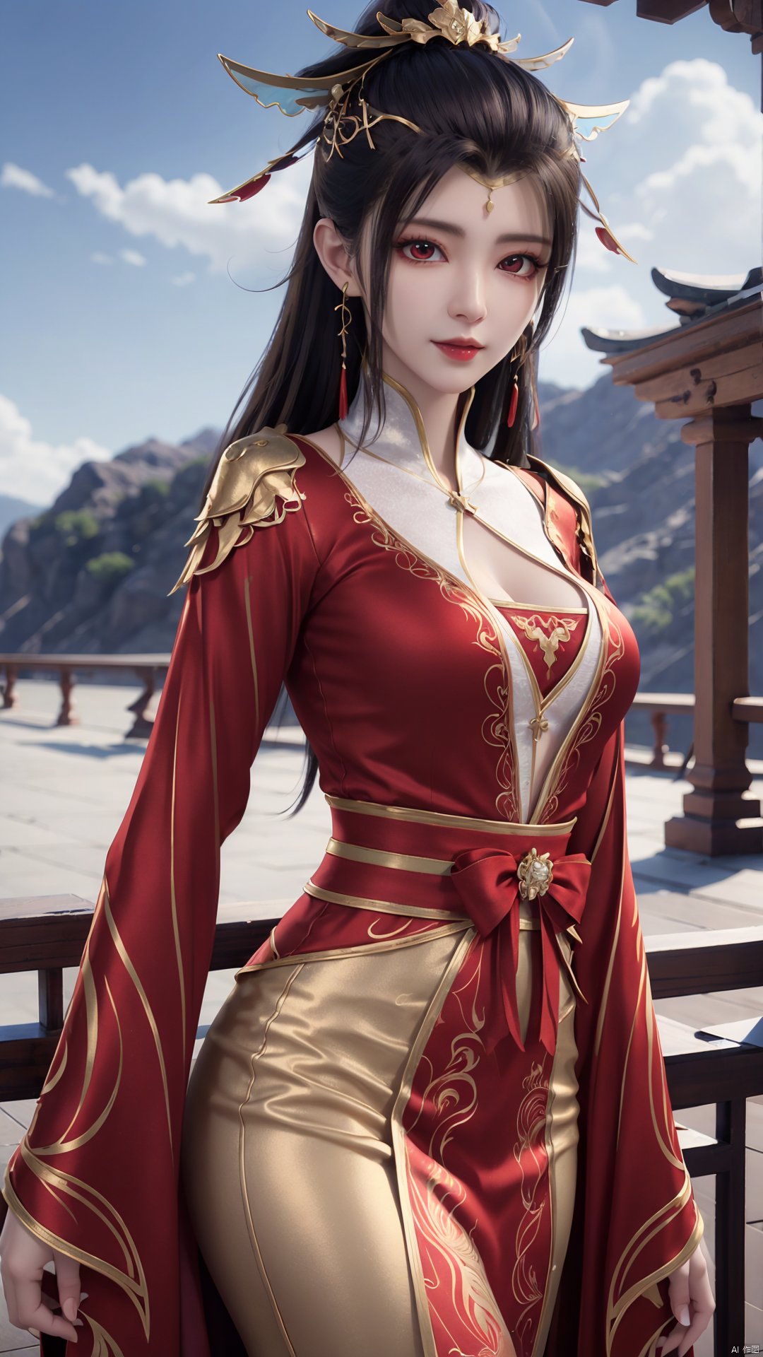 1girl, red dress, solo, hair ornament, black hair, chinese clothes, earrings, dress, jewelry, long sleeves, long hair, mischevious smile, perfect body, scenery, sharp focus, best quality, masterpiece, detailed outfit, illustration, perfect eyes, finely detailed beautiful anime eyes, realistic skin, intricate details, best lighting, depth of field, ultra high resolution,cowboy_shot, dynamic pose, dynamic angle,